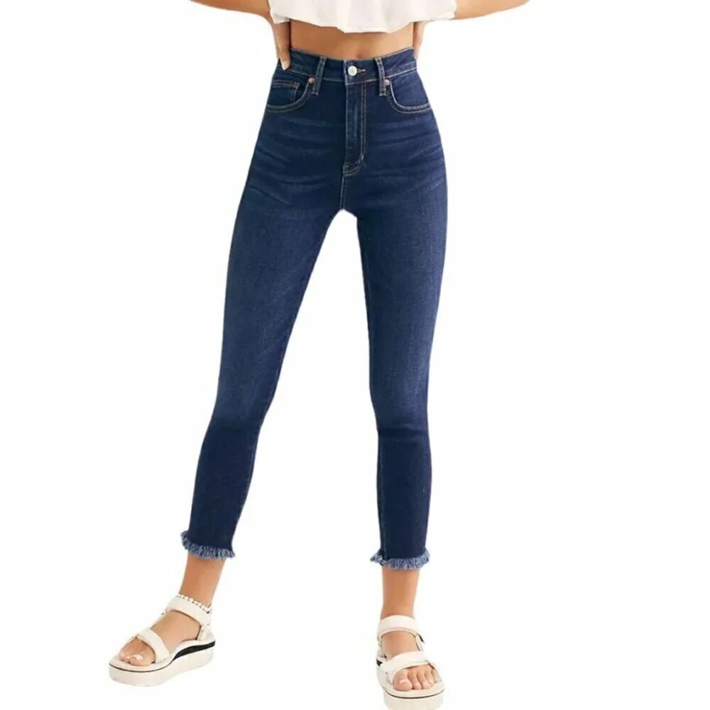 Free People High Rise Skinny Jeans Dark Blue Jeggings with Frayed Hem Size 28/29